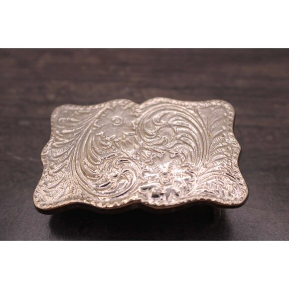 Western Scroll Ornate Belt Buckle Silver Tone Floral Embossed Rope Edge Vintage - Picture 2 of 7